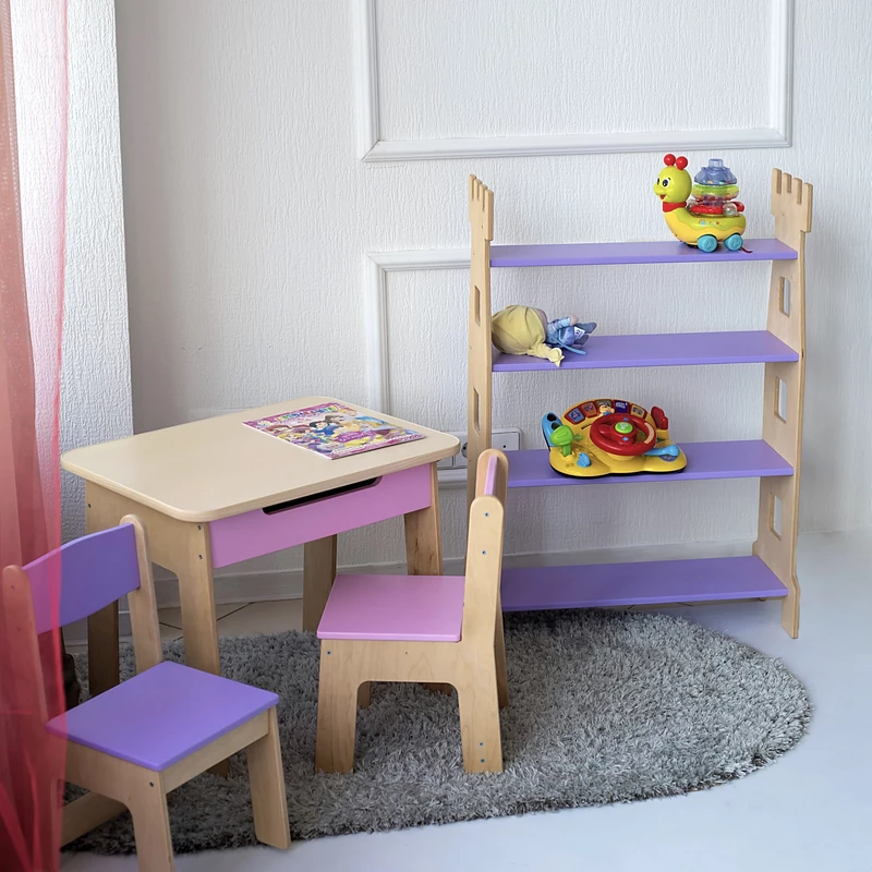 Kindermöbel-Set für 2–5 Jahre: Tisch mit Stuhl und Regal