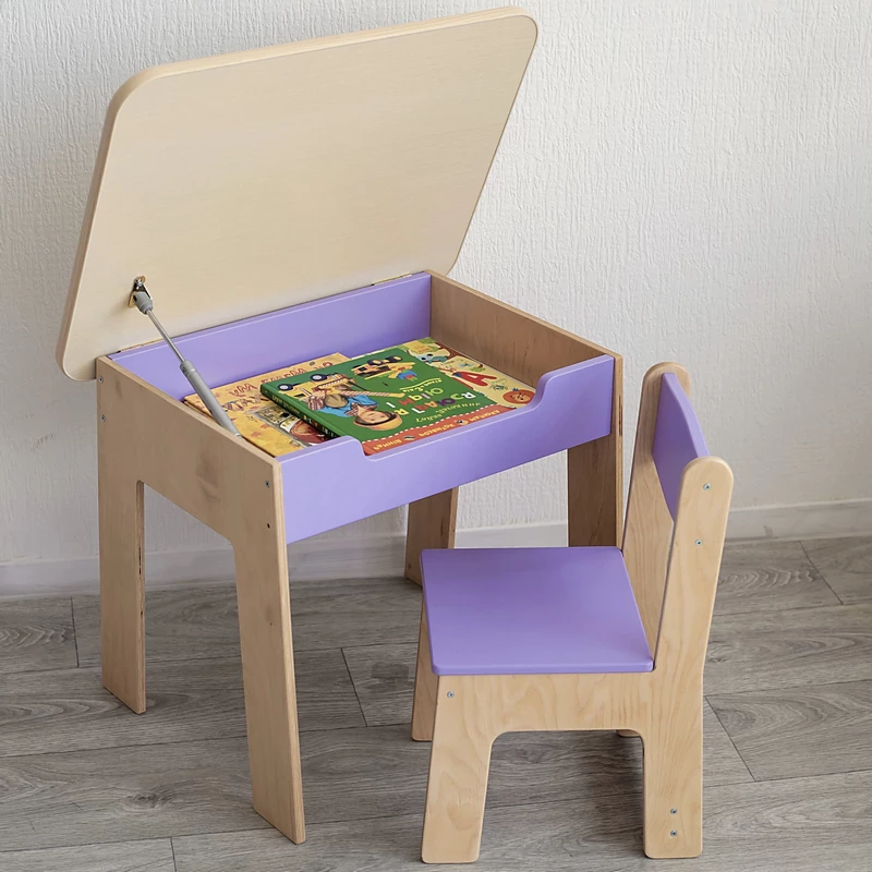 Kindertisch und Stuhl mit abgerundeten Kanten und sicherer Deckel-Fixierung