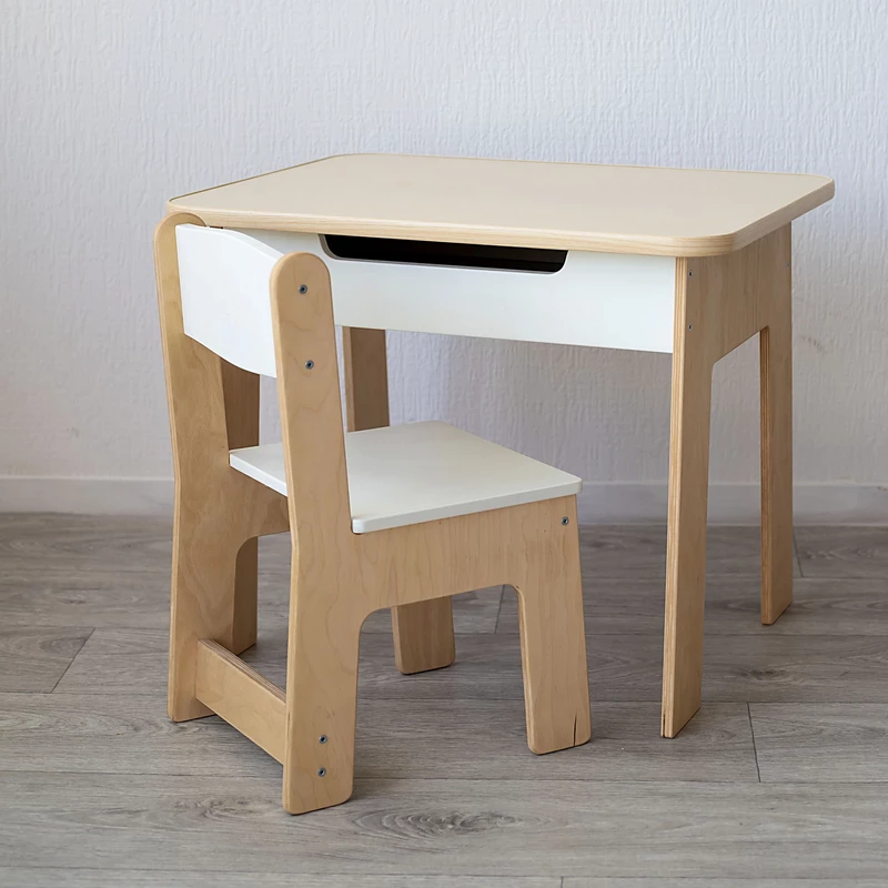 Weißer Kindertisch und Kinderstuhl aus Holz für Kinder ab 1 Jahr